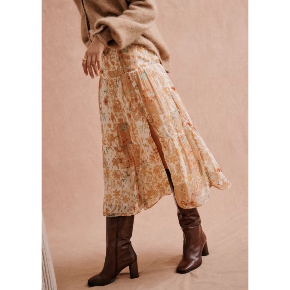 Sezane Skirt Tammie Floral Prairie Midi Slit Summer Camel Patchwork 36 EUC